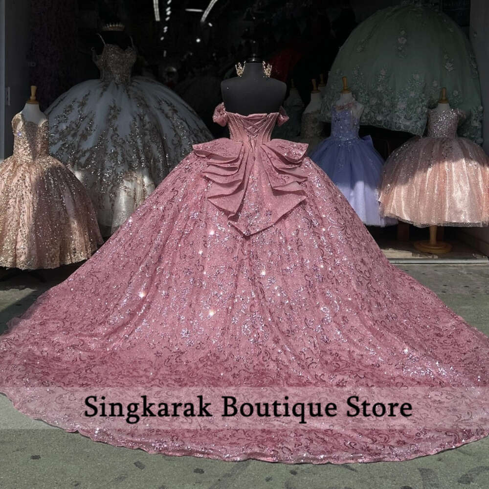 Glitter Pink Sweetheart Shiny Quinceanera Ball Suknia z ramion koronkowe koraliki Crystal Tull Mexican Sweet 16 Sukienki 15