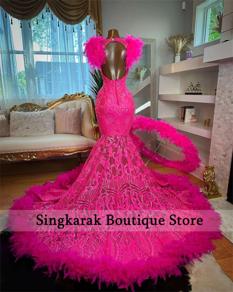 Sexy Sparkly Hot Pink Mermaid Prom Dresses 2023 for Black Girls V-Neck Sequins Feathers Birthday Party Robe De Bal Custom