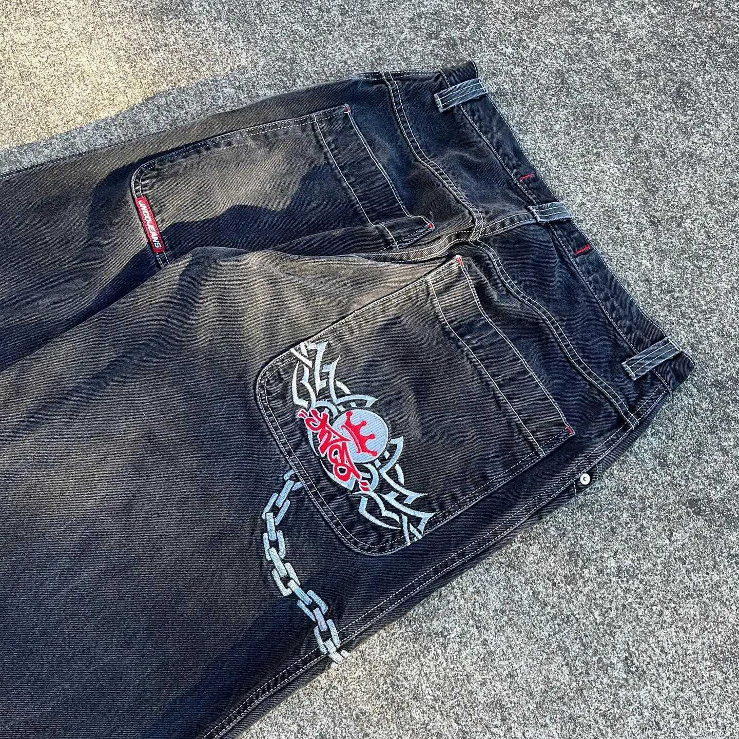 Herenjeans jnco kettingbodembroidery y2k vintage mannen mode gewassen casual brede g denim broek hiphop punk flaggy broek strtwear h240508