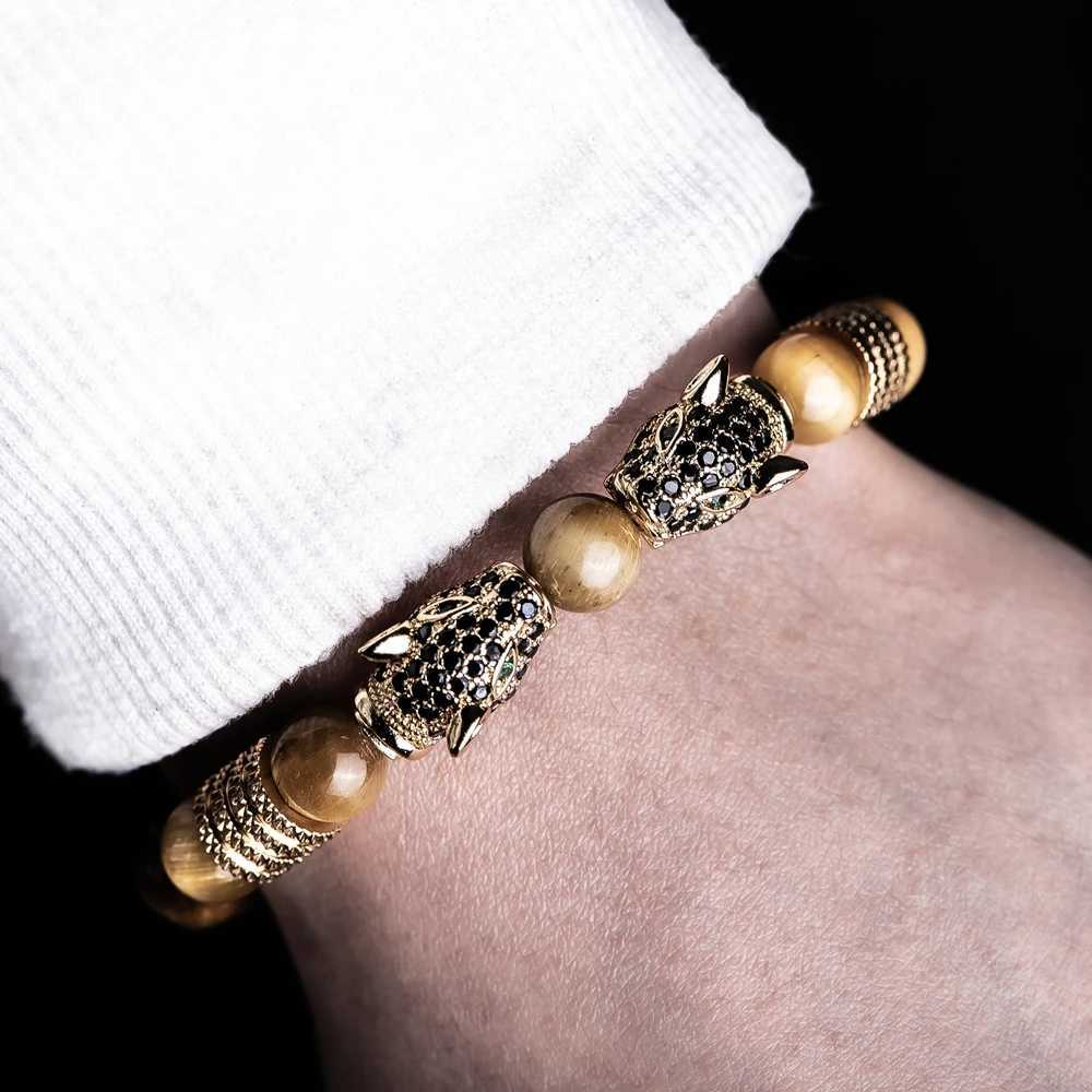 Charm Bracelets New Trend Double Leopard head Handmade tigers-eye Bracelets Accessories Handmade Mens Jewelry Pulseras homme Y240510