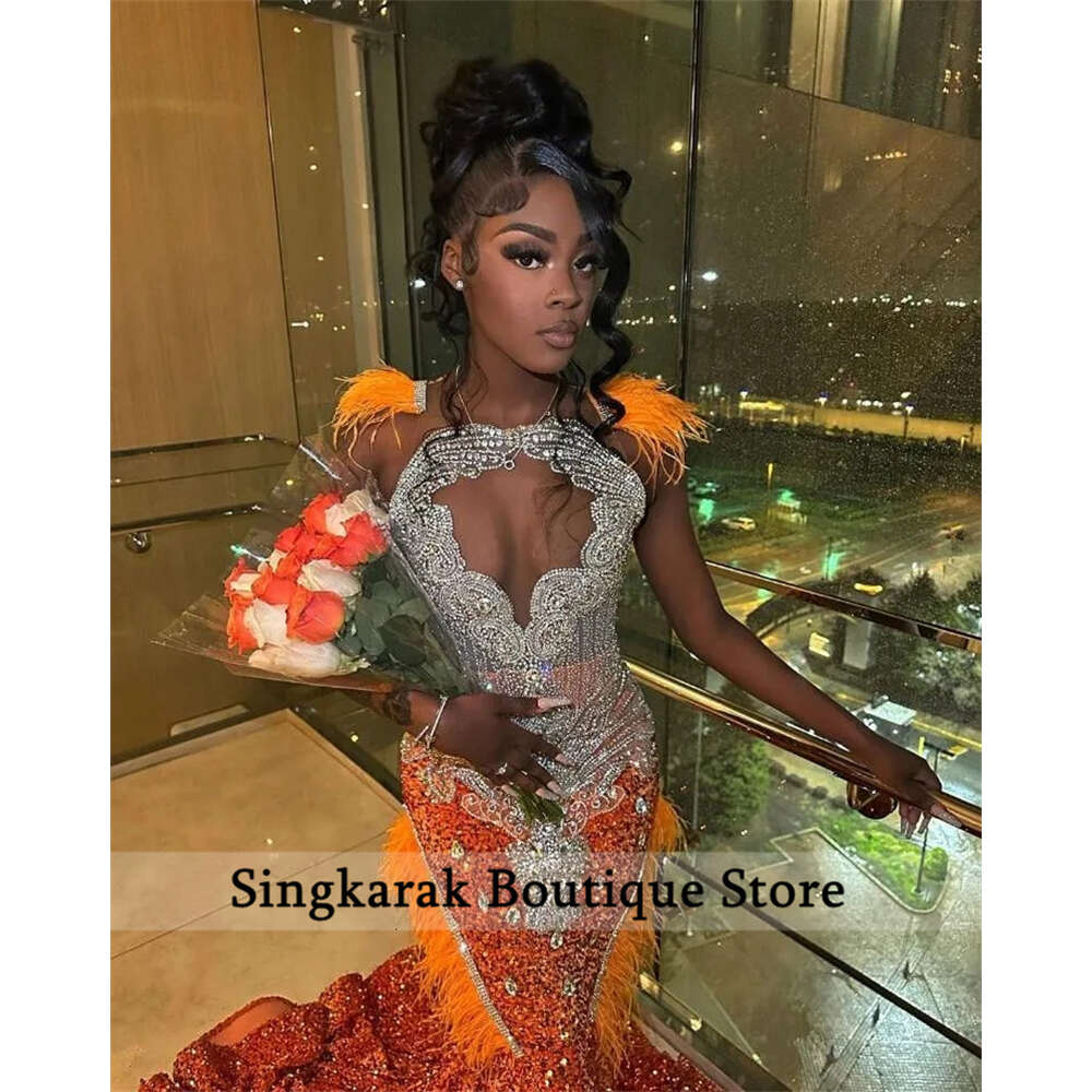 Sparkly Orange Prom Dress 2024 Glitter Crystal Beads Rhinestones Feathers Sequins special Party Evening Gown Robe