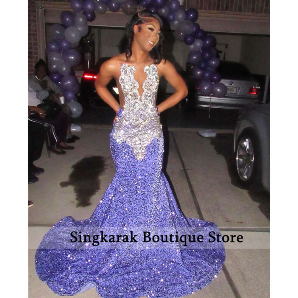 Sparkly Lavender Purple Long Prom Dress 2024 Pärlor Kristaller Rhinestones Sequin Glitter födelsedagsfest Special Reception Robe