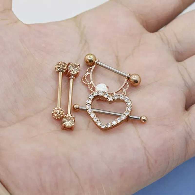 Nipple Rings Surgical steel heart nipple piercing set 14G crystal nipple piercing bar tongue ring pack charming nipple piercing jewelry Y240510