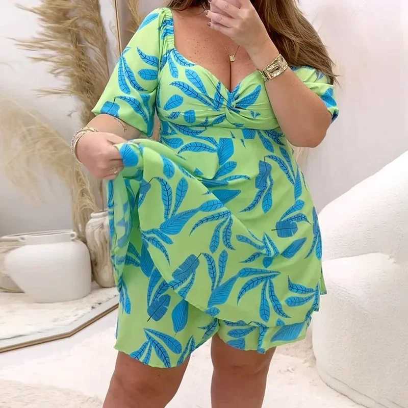 Sukienki plus size Kuclut damskie mini sukienkę plus mini sukienkę Summer Letna luźna falbana pasa do druku w szyku w szyku krótka sukienka slibowa Y240510