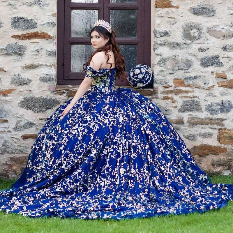 Blue Royal Puffy Princess Quinceanera Robes 2024 Off épaule 3d Floral Bow Gillter Sequins Lace-Up Corset Vestidos 15 Anos Rosa
