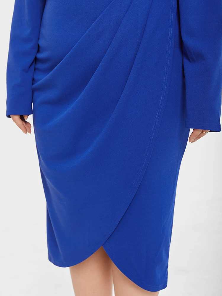 Vestidos de tamanho grande, além de roupas de tamanho de moda de cor sólida gigot slve tulip hem midi vestido azul royal feminino clube de partido y240510