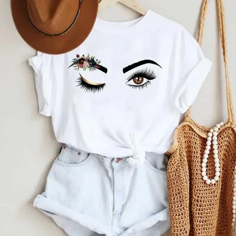 T-shirt féminin Femmes Maquillage Lettre drôle Nouveau Eye Eyel Fashion Cartoon Summer Lady Print T Élégant t Top Tshirts T-shirt Y240506