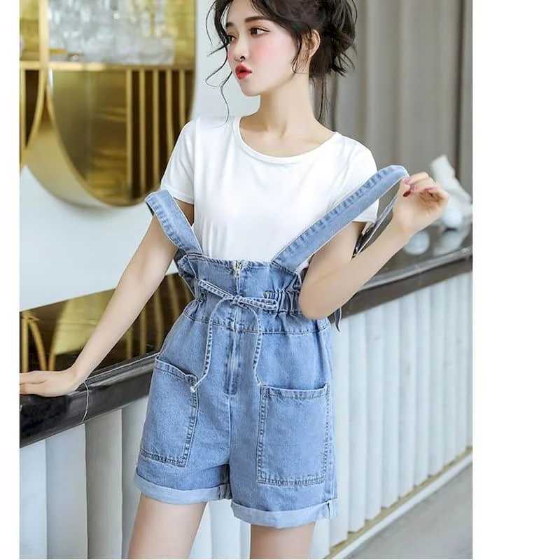 Les combinaisons de sauts pour femmes Rompers Denim Assurices surdimensionnées hautes pantalons de taille coréenne à lacets de style coré