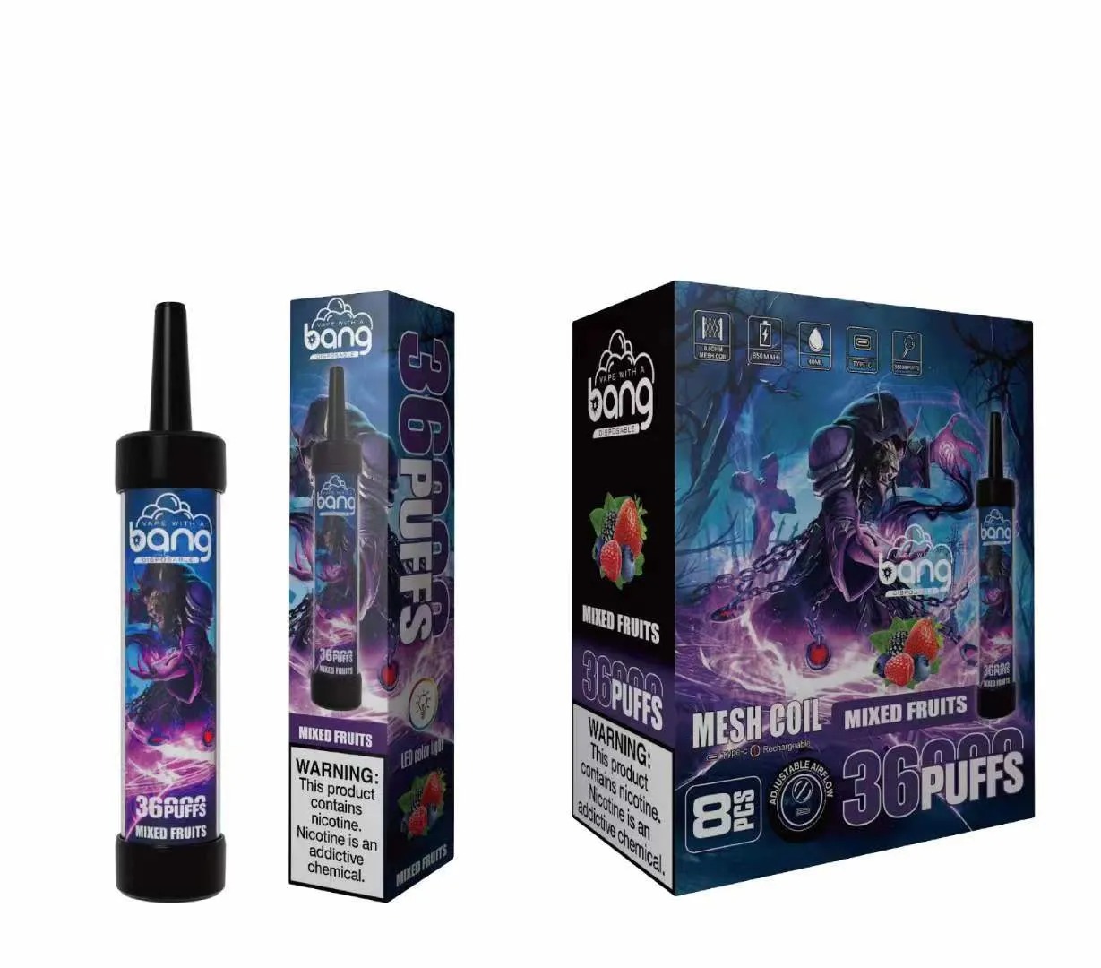 Bang 36000 bouffant vape jetable rechargeable e cigarettes bobine en maille 40 ml bouffée e-liquide 36k Vaper 0% 2% 3% 5% Big Puff Disposable électronique Cigarette LED Light