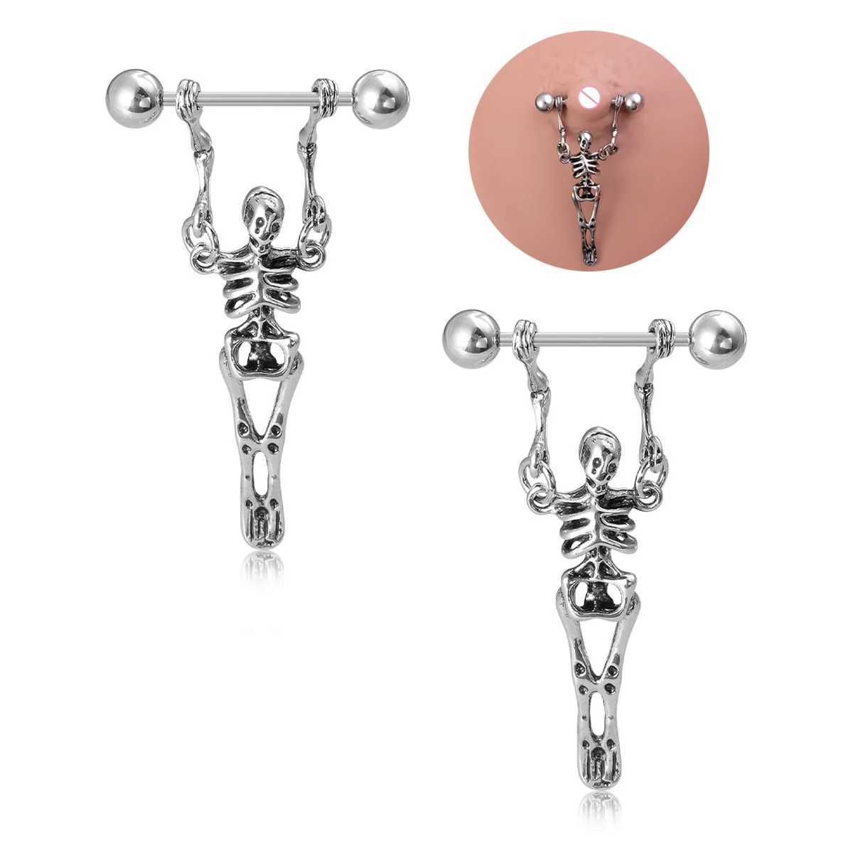 Nipple Rings Punk Skeleton Nipple Rings Breast Jewelry Stainless Steel Sexy Dangle Nipple Piercing Barbell for Women Men Gift 16G Y240510