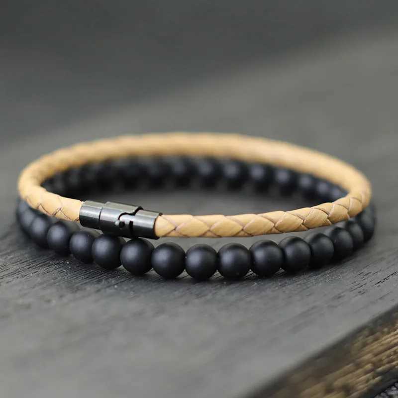 Bracelets de charme Noter Men Bracelet Conjunto de pulseira de 4 mm de couro genuíno Homme 6mm Black Onyx Stone Braslet Combated Combating Combating Brazalete Gift Y240510