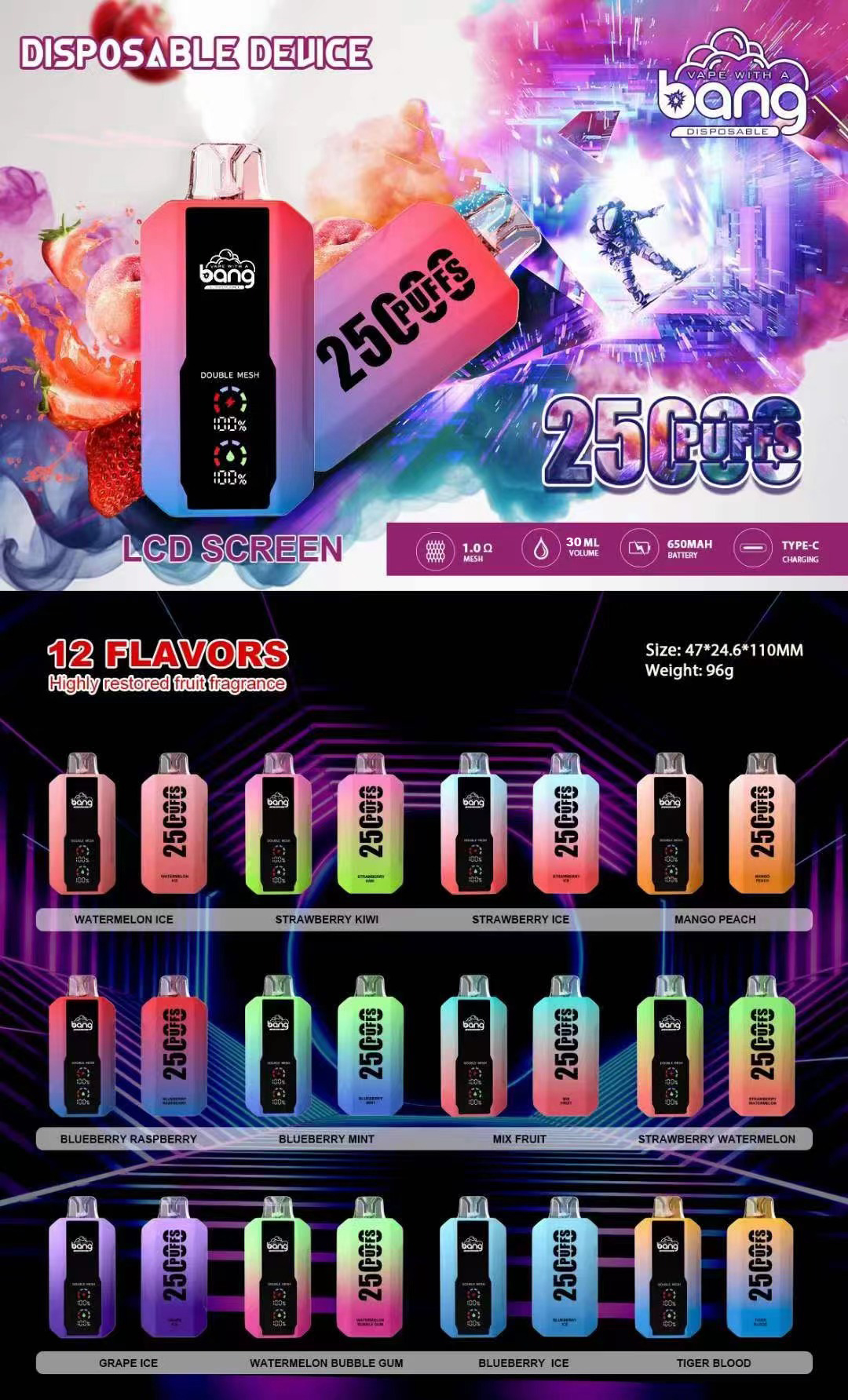 BANG 25000 PUFFS使い捨てベイプ電子タバコLCDスリーン0％2％3％5％30MLプレフィルドポッドダブルメッシュ650MAH充電式デバイスパフ25K 15000 18000 20000