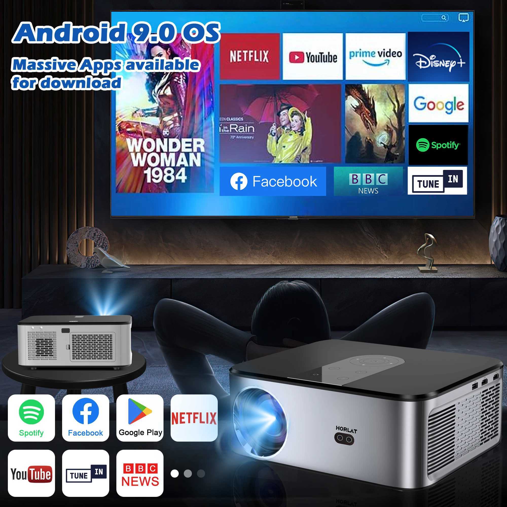 Projetores Horlat Android 4K Projector Full HD 1080p 8K Vídeo Dolby Audio Home Theater AutoFocus+Keystone 5G WiFi Projector portátil J240509