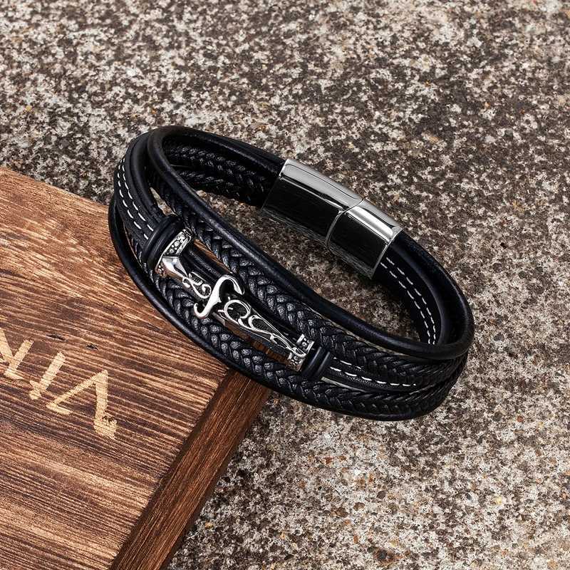 Bracelets de charme Mkendn Punk Mens 316L VINTAGE VIKING KNIGHTS SWORD BRACELET CHARM CUIR BRACELET BRACELET MALON NORSE AMULET JIANDRY Y240510