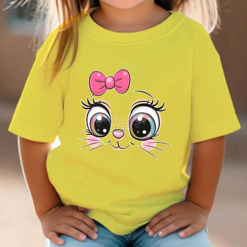 T-shirts Childrens T-shirt rose arc chaton fille d'été fille mignon dessin animé chat graphique blanc à manches courtes t-shirts sauvages