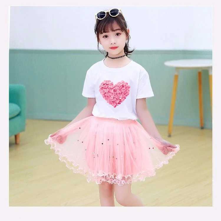 Set di abbigliamento 2024 Girls Fashion Summer Set Sest maglietta fenicole a maniche corte e gonna tutu abbigliamento bambini a 2 pezzi setl2405l24045