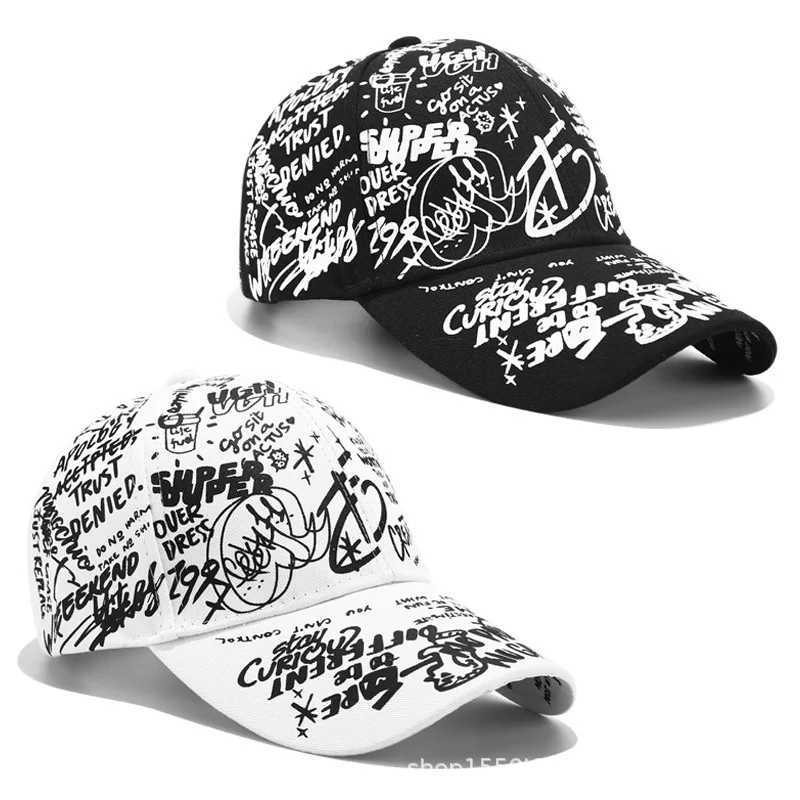 Bollkapslar Koreansk version av Graffiti Personlighet Baseballhatt Tidvattnet Män och kvinnor Casual Wild Black Shade Curved Eaves Cap Sun Hat Y240507