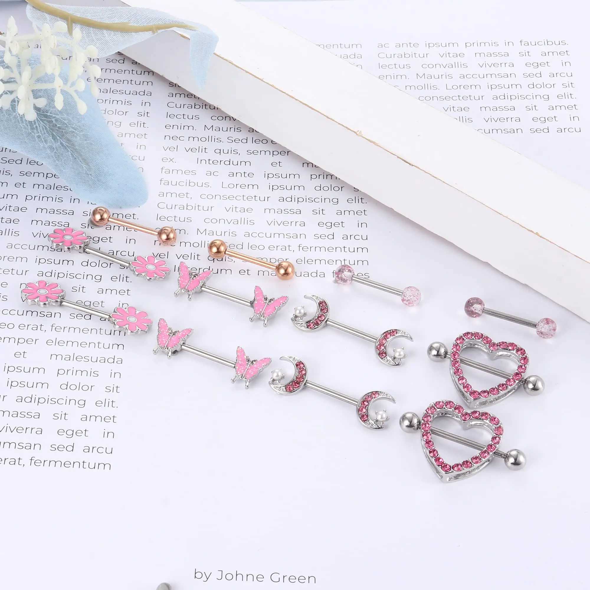 Nipple Rings Drperfect 14G Womens Nipple Ring 316L Stainless Steel Heart shaped Butterfly Moon CZ Flower Barbell Cute Breast Perforated Jewelry Y240510