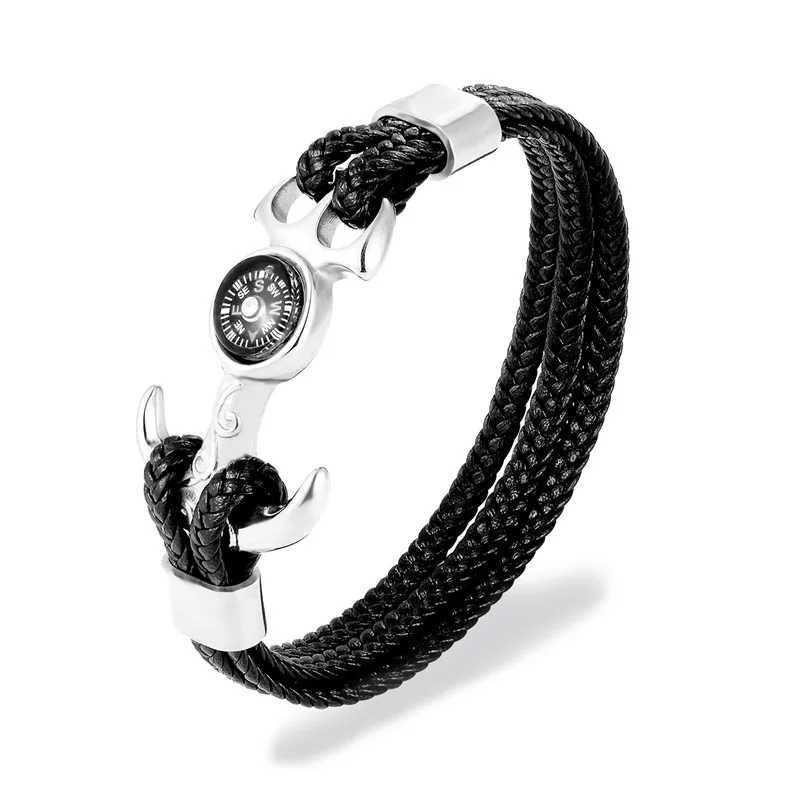 Charm armband mkendn högkvalitativ rostfritt stål kompassankare bojor braid läder armband män armband överlevnad sport mode smycken y240510