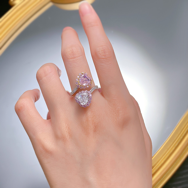 Heart to Heart Pink Diamond Ring 100% réel 925 Bands de bandes de mariage en argent sterling pour femmes bijoux de fiançailles nuptiales