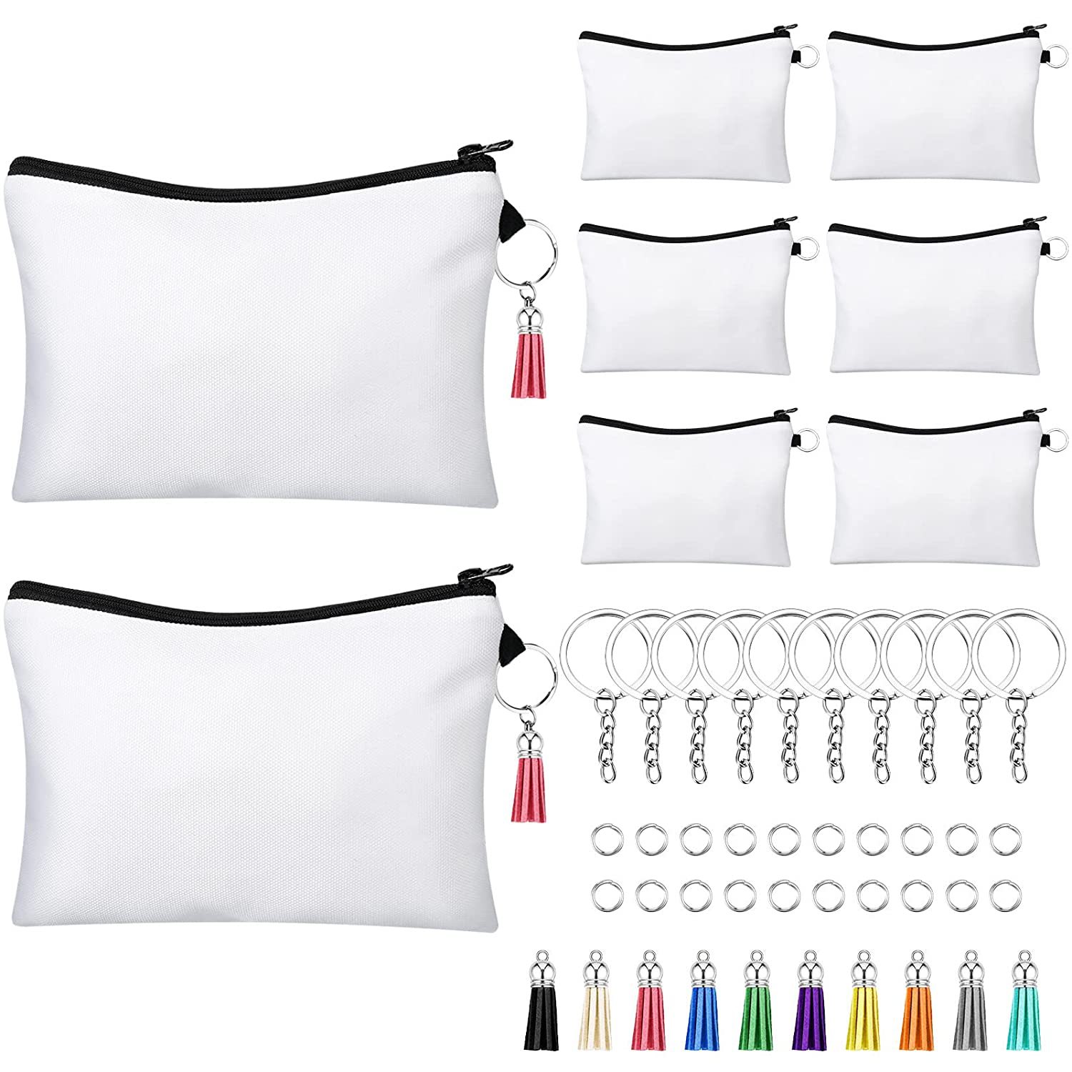DHLSublimatie Blanco cosmetische zakken set inclusief DIY -warmteoverdracht make -uptassen met rits, sleutelhangers, kwastjes, springringen voor DIY