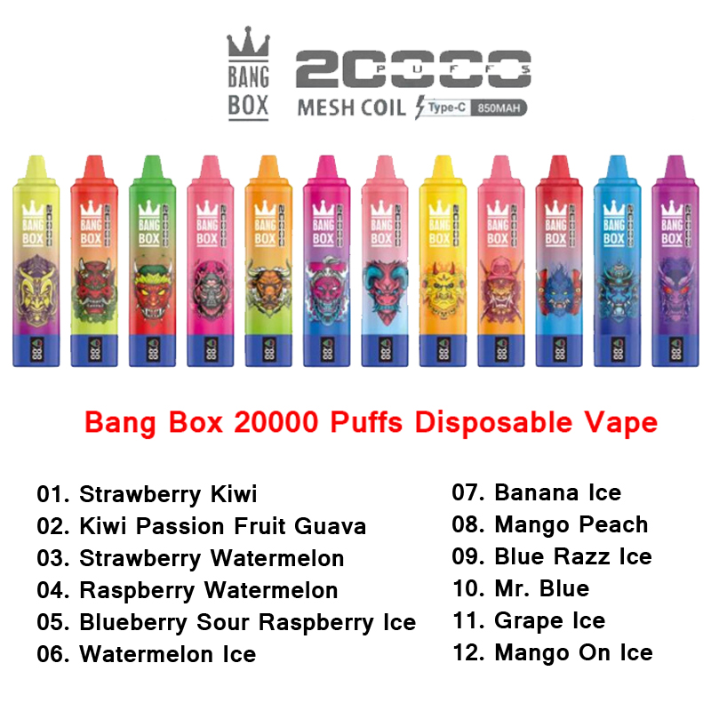 Bang Box 20000 Puffs Disposable Vape E Cigarettes Smart Screen 0/2/3/5% Puff 20k 35ml Pod Mesh Coil 850mAh Batterie rechargeable Verceur numérique Affichage numérique