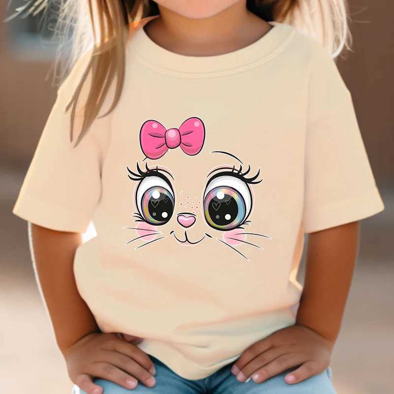 T-shirts Childrens T-shirt rose arc chaton fille d'été fille mignon dessin animé chat graphique blanc à manches courtes t-shirts sauvages