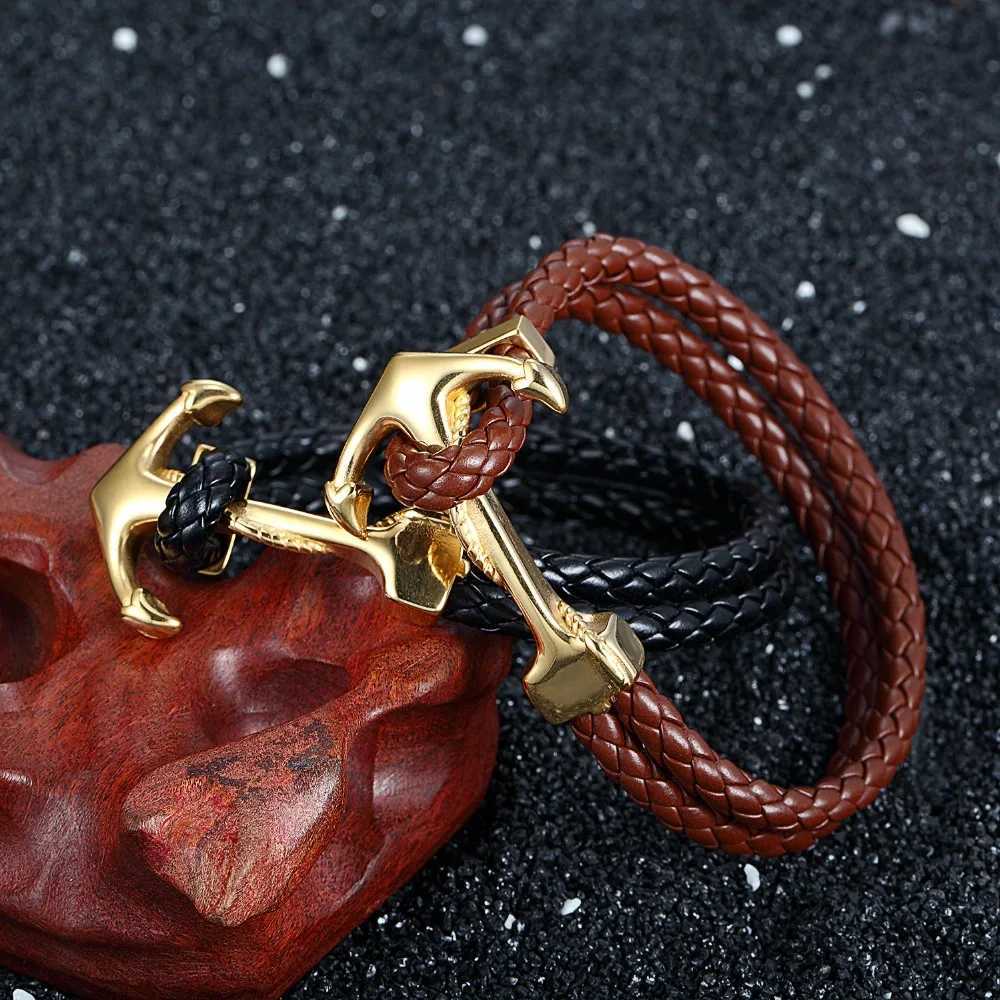 Bracelets Charm MKENDN Fashion Acecho inoxidable Anchor Black Men Bracelet Cuero genuino Punk Rock Bangles Accesorios de joyería Y240510