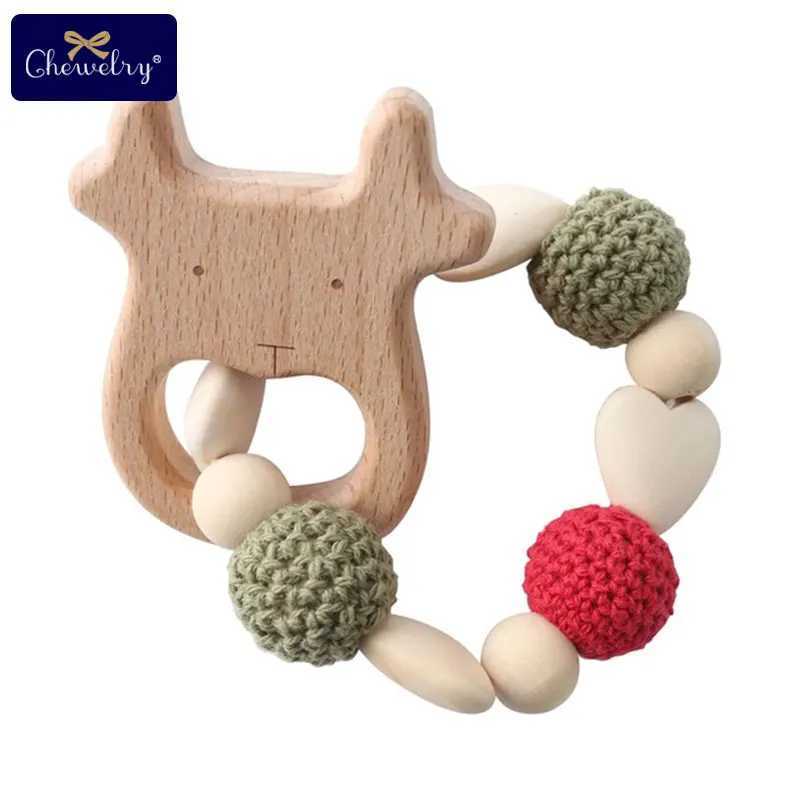 Teethers Toys of Aniaml Sika Deer DIY Crafted Baby Bracelet with Wooden Teeth Sidewinder Snake Beech Wood Rodent Hook Needle Beads Childrens Toy Gifts d240509