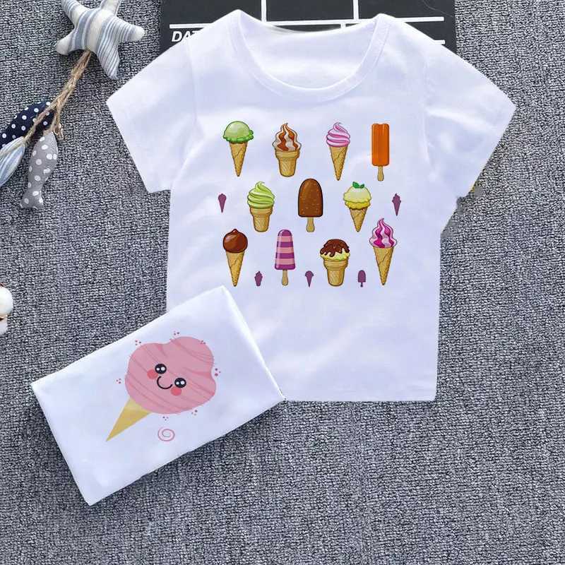 Tシャツ漫画かわいい男の子と女の子のTシャツ楽しいアイスクリームベビー服ハラジュクデザインチルドレンラウンドネックホワイトニューチャイルドシャツshirtl2405