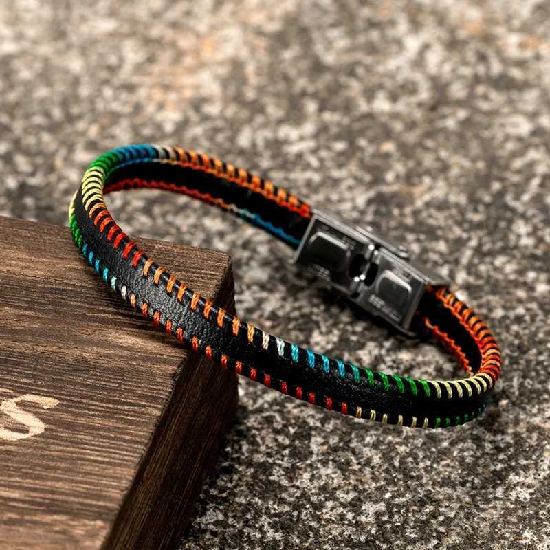 Bedelarmbanden mkendn mode handgemaakte lederen armbanden voor mannen vrouwen regenboog polsband roestvrij staal casual gepersonaliseerde bangle y240510