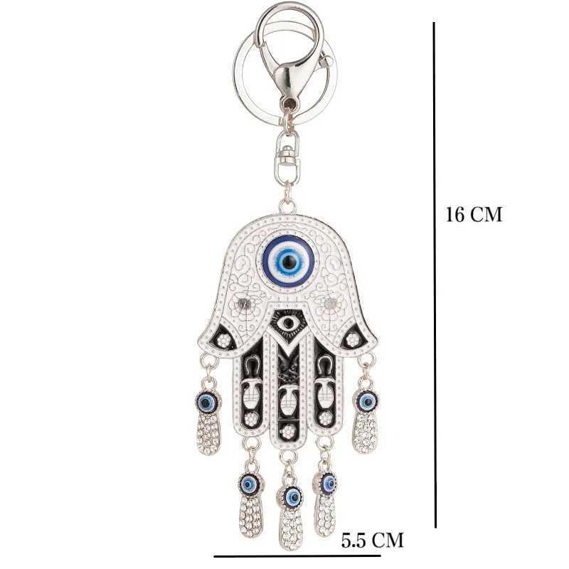 Keychains Lanyards Evil Eye Keychain for Women Hamsa Hand Reinestone Keychain Blue Hamsa Hand Keyring Blue Eyes Car Keychain for Men and Women Gift J240509