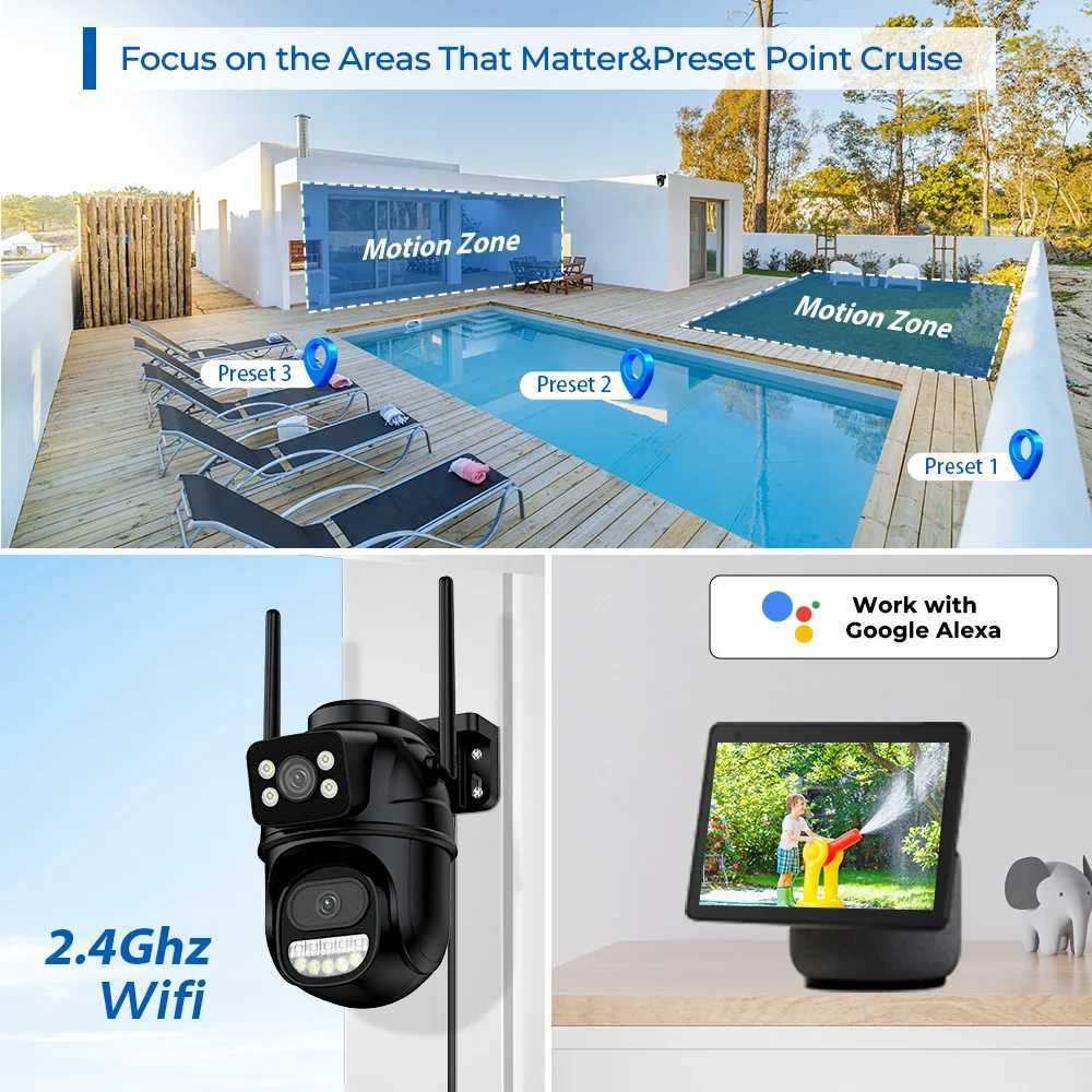 IP-kameror 4K 8MP PTZ WiFi Camera Dual Lens Dual Screen IP Camera Outdoor 4MP High-Definition Automatisk spårningssäkerhet CCTV Monitoring ICSEE D240510