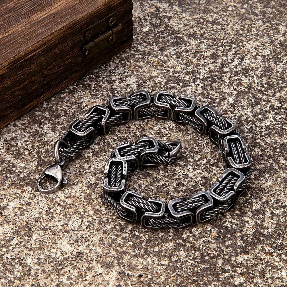 Charm Armbänder Mkendn Punk Männer 316L Edelstahl kreatives Retro Oxidiert Schwarz Geometrische byzantinische Verbindungskette Armbänder Motorradschmuck Y240510