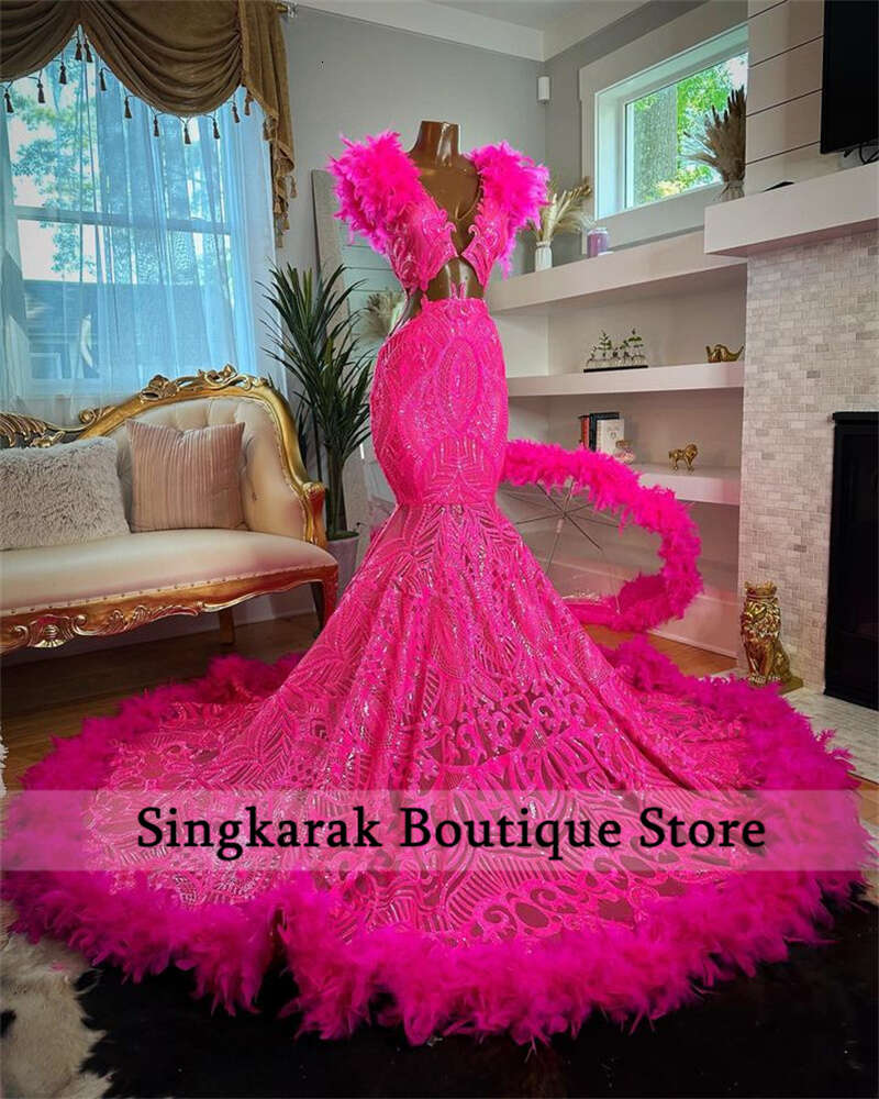 Sexy Sparkly Hot Pink Mermaid Prom Dresses 2023 for Black Girls V-Neck Sequins Feathers Birthday Party Robe De Bal Custom