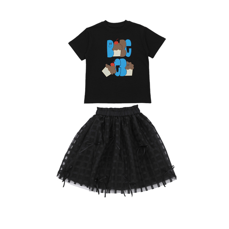 Set di vestiti stampati da cartone animato ragazzi maglietta a manica corta con gonna in tulle in pizzo a quadri bambini estivi outfit casual z8043