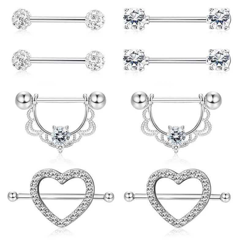 Nipple Rings Surgical steel heart nipple piercing set 14G crystal nipple piercing bar tongue ring pack charming nipple piercing jewelry Y240510