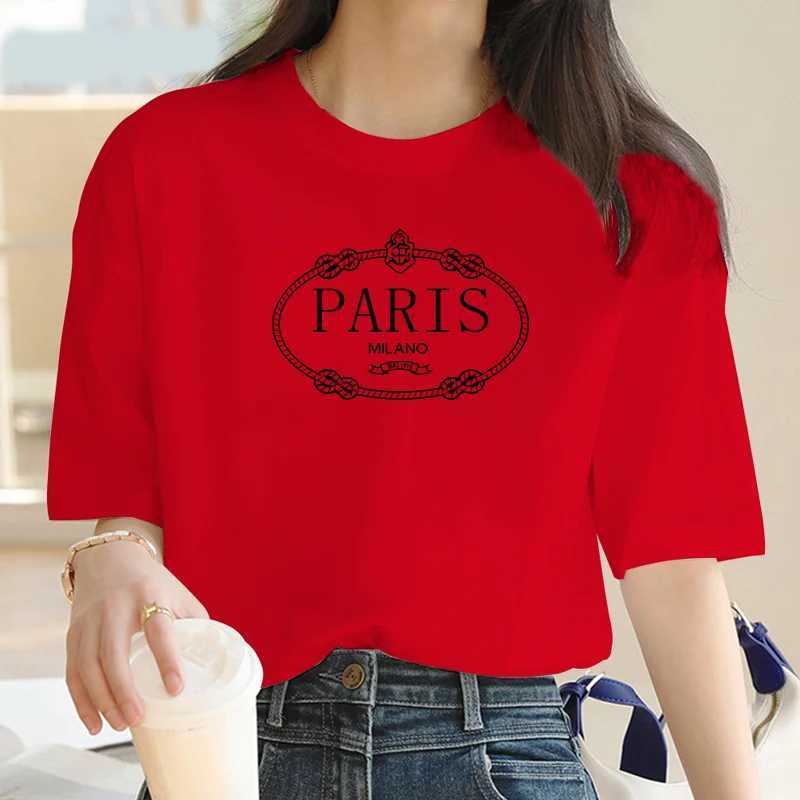 T-shirt féminin 2024 Nouveau Collier de marin Vêtements Fashion Paris Modèle Impression Short Slve T-shirt Trend Femmes Summer Y2k Short Slve Top T240508