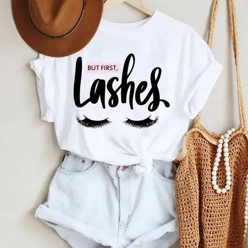 T-shirt femminile Donne truccatura Lettera divertente New Eyelash Fashion Cartunone Summer Lady Print T elegante Tshirt Thirts T-shirt Y240506