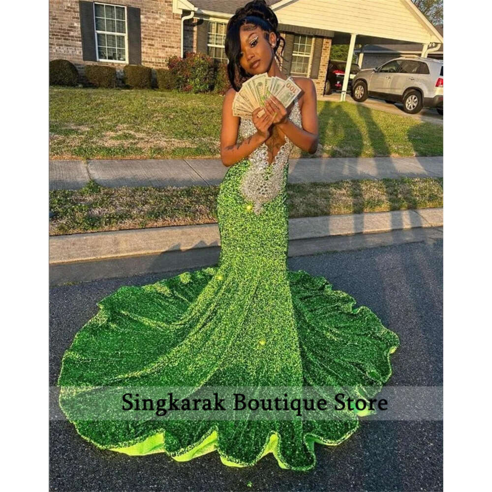 Sparkly Green Mermaid Long Prom 2024 Crystal Rhinestone Beading Birthday Party Dress Homecoming Robe De Bal