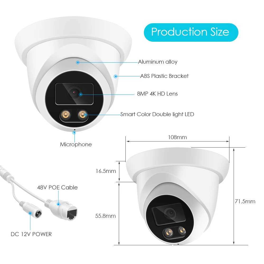 IP Cameras 8MP 4K IP Outdoor Camera ASECAM Face Detection Audio Dual Light H.265 CCTV Metal Dome Video Surveillance Camera RTSP d240510