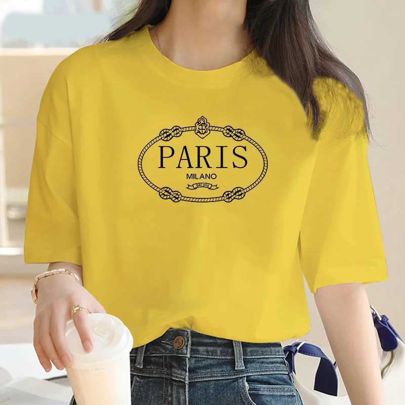 T-shirt féminin 2024 Nouveau Collier de marin Vêtements Fashion Paris Modèle Impression Short Slve T-shirt Trend Femmes Summer Y2k Short Slve Top T240508