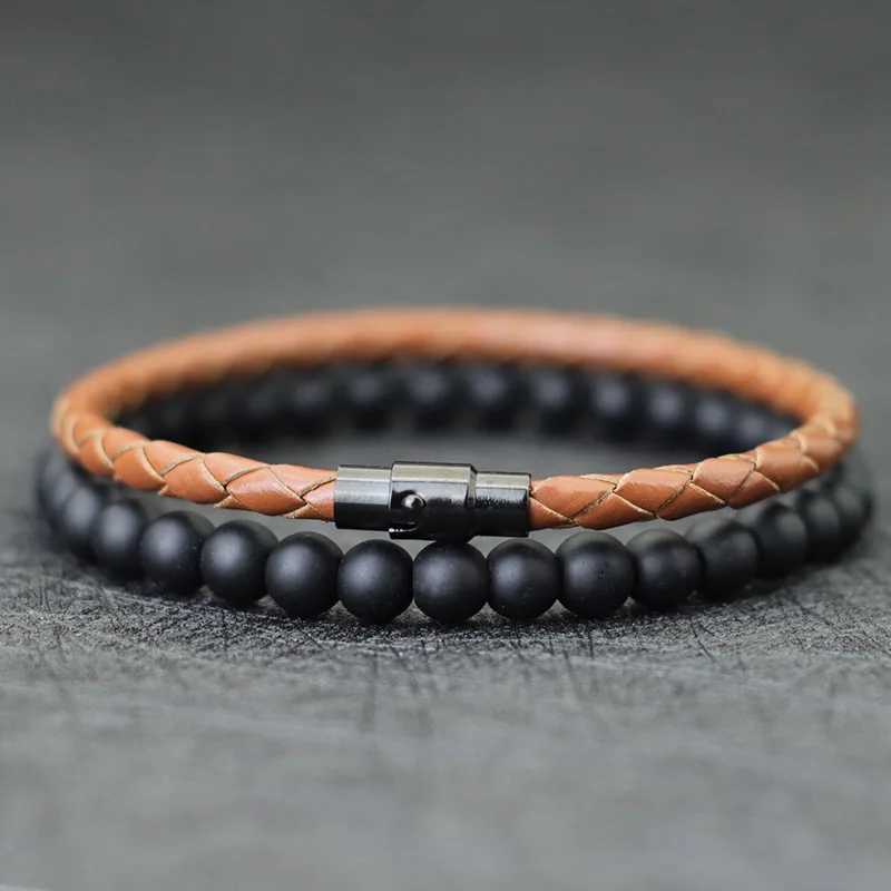 Bracelets de charme Noter Men Bracelet Conjunto de pulseira de 4 mm de couro genuíno Homme 6mm Black Onyx Stone Braslet Combated Combating Combating Brazalete Gift Y240510