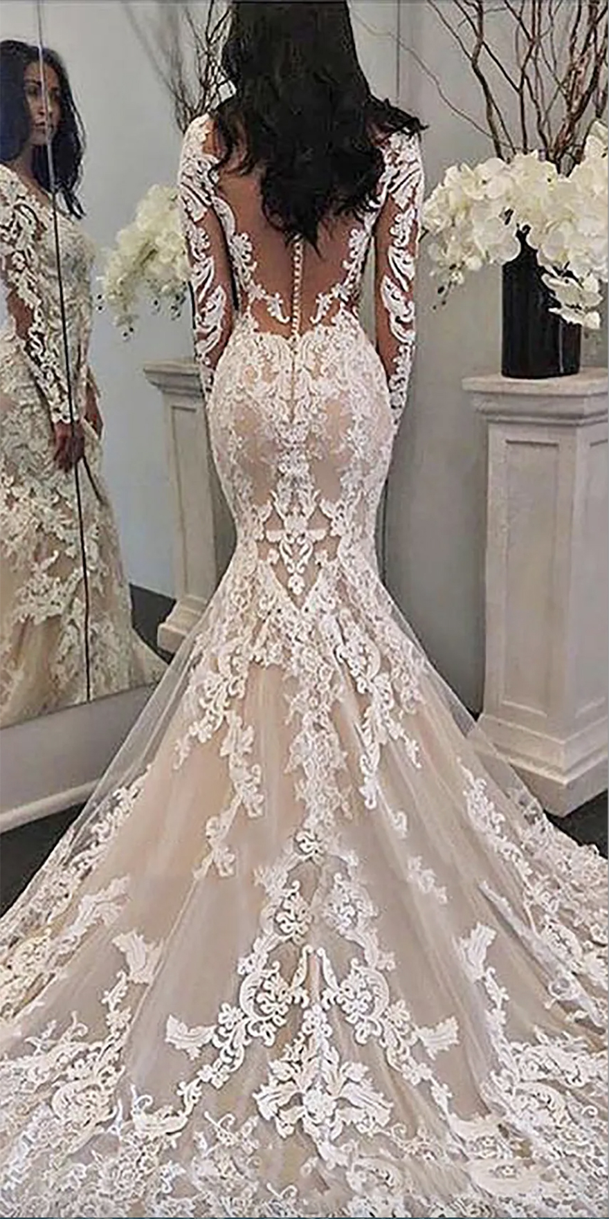 New Illusion Long Sleeves Lace Mermaid Wedding Dresses Tulle Applique Court princess Wedding Bridal Gowns With Buttons