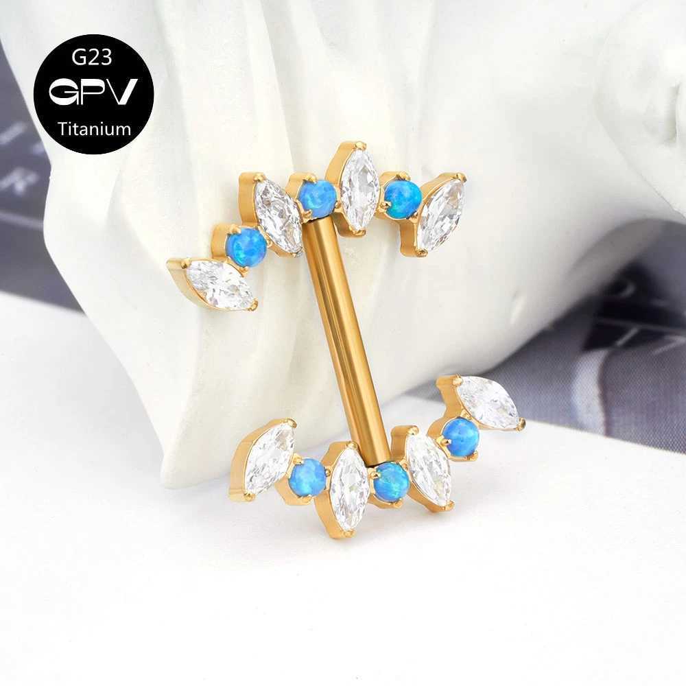 Nipple Rings Titanium G23 Two Insert Nipple Stud Horse Eye Zircon 14G Gold Plated Punk Womens Sexy Perforated Jewelry Nipple Stud Earrings Y240510