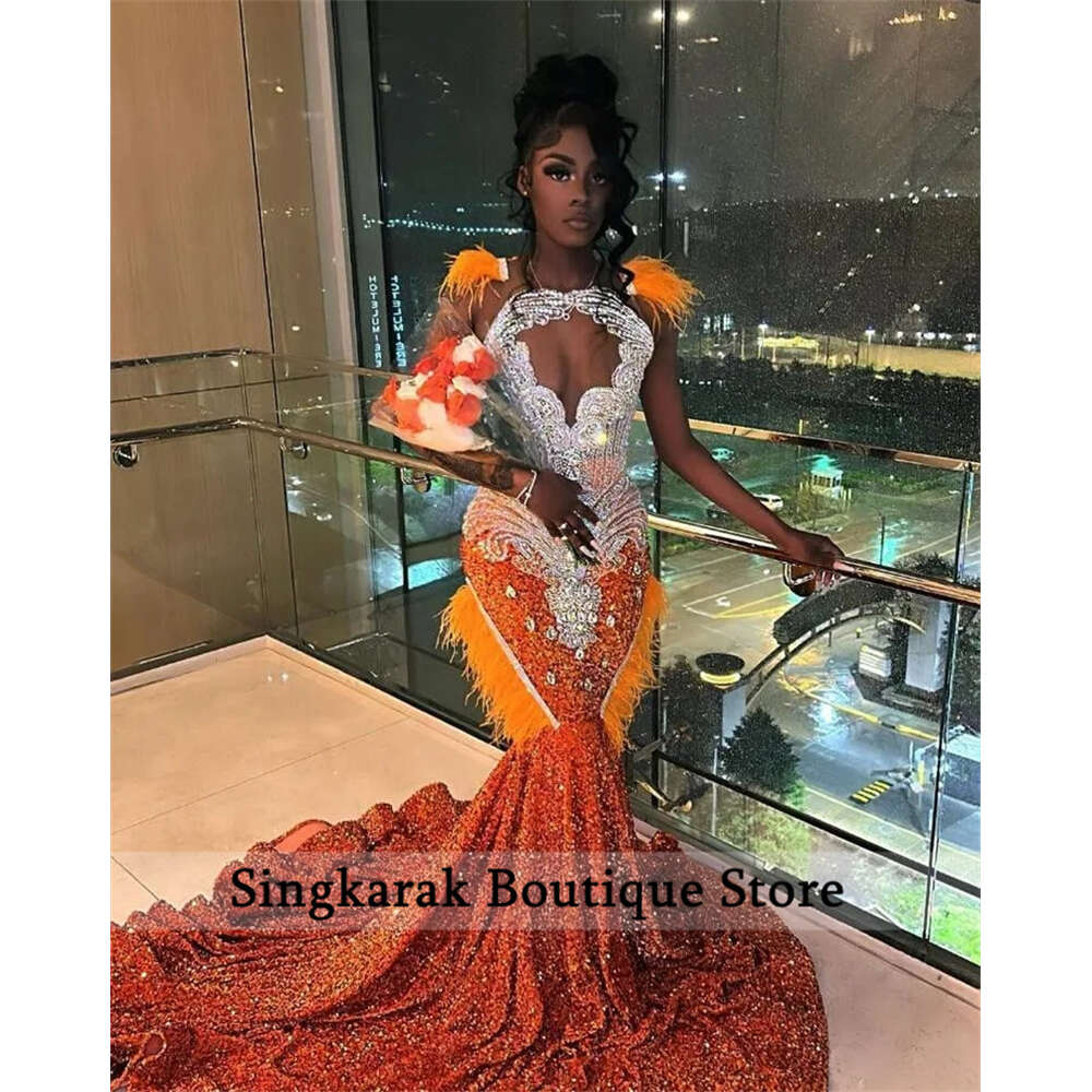 Sparkly Orange Prom Dress 2024 Glitter Crystal Beads Rhinestones Feathers Sequins special Party Evening Gown Robe