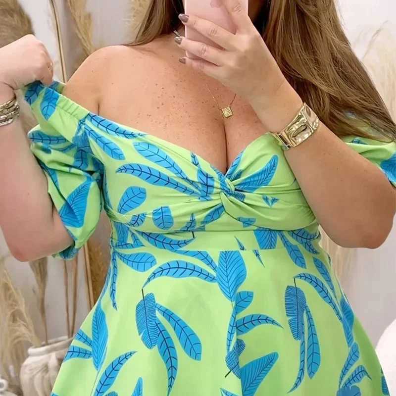 Sukienki plus size Kuclut damskie mini sukienkę plus mini sukienkę Summer Letna luźna falbana pasa do druku w szyku w szyku krótka sukienka slibowa Y240510