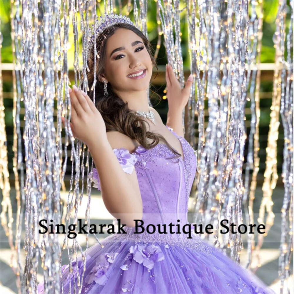 Lavande lilas princesse sweet 16 quinceanera robes 2024 3d fleurs appliques perles perles cristaux vestiaire vestiaire de 15 anos