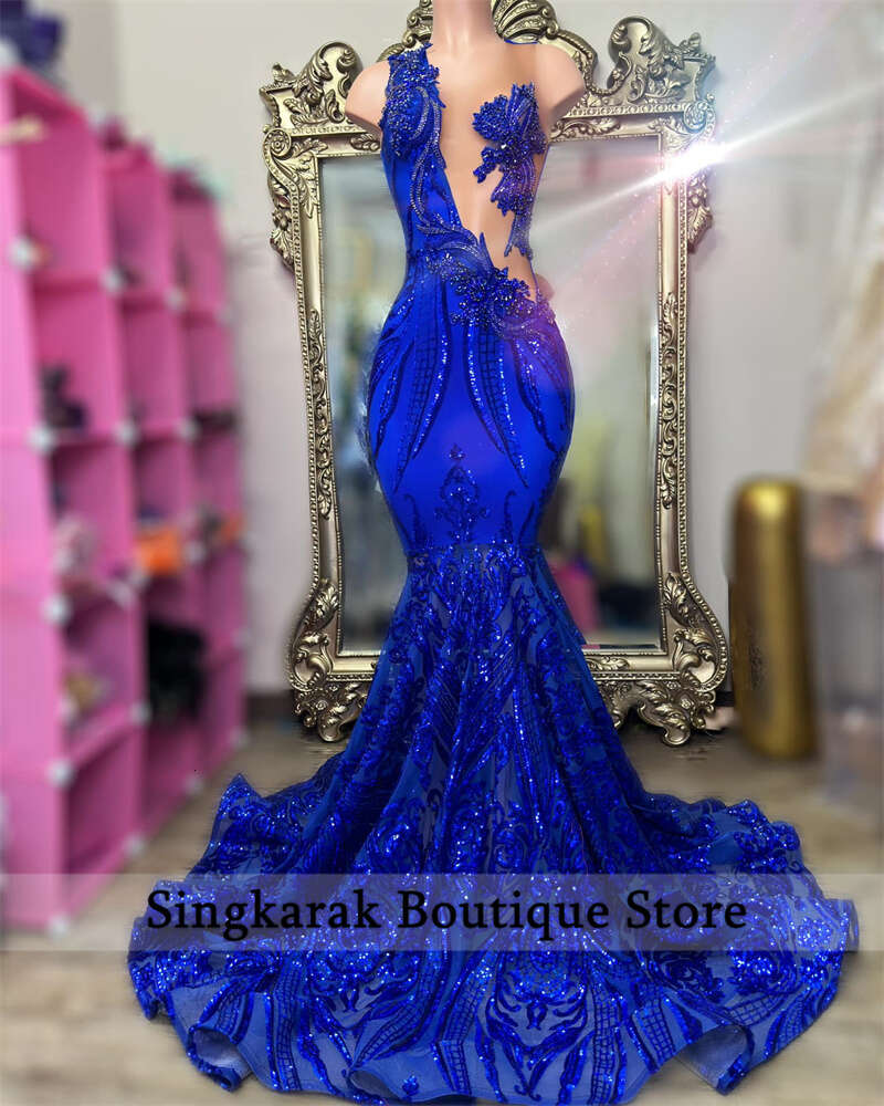 Sparkly Royal Blue Diamonds Mermaid Prom Glitter Sequins Bead Crystal Rhinestones special Birthday Party Dress