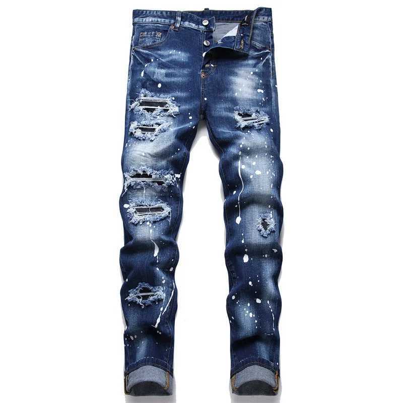 Jeans masculin mens à ajustement serré jeans marque de luxe de luxe bleu clair mens mens élastique pantalon ultra-mince vêtements de haute qualité Q240509